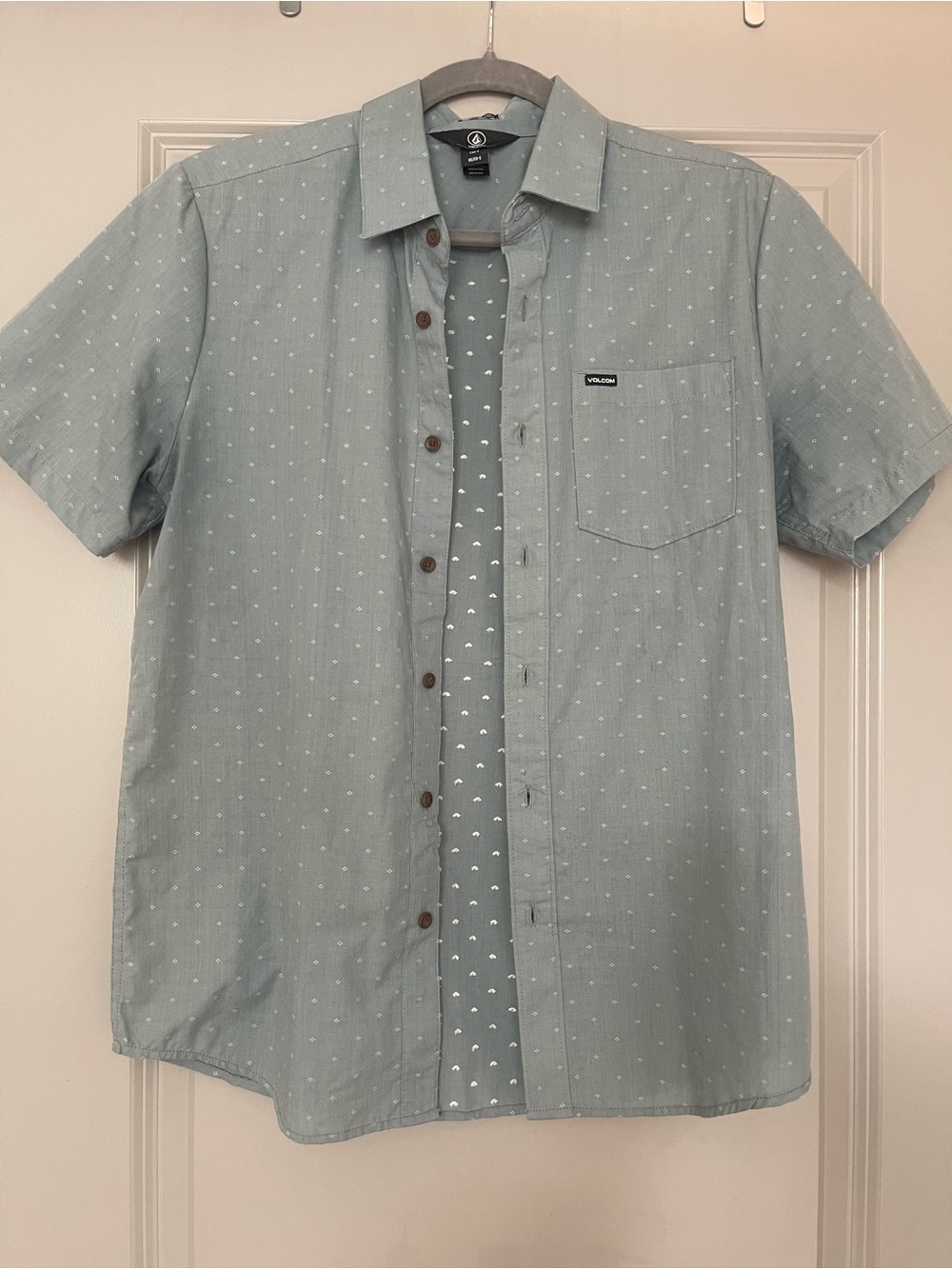 Volcom Men’s Short-Sleeve Button-Down Shirt in Sage Green with Micro Dot
